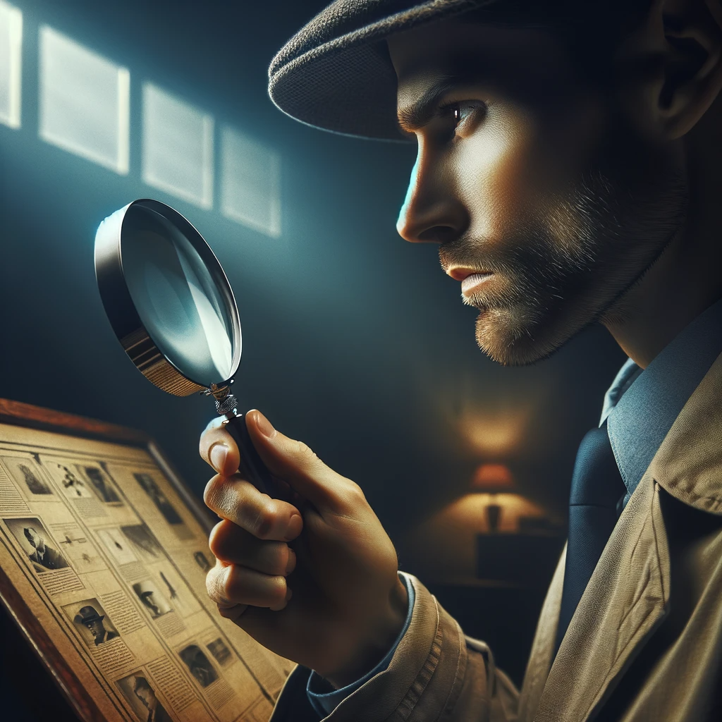 A detective holding a magnifying glass and looking closely — the visual hook for 看 (kàn): to look / to see.